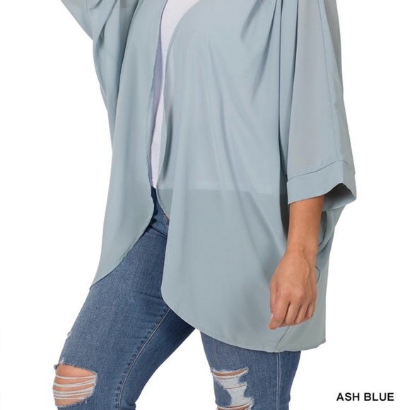 New! Plus Size Ash Blue Chiffon Kimono Cardigan Size 1X 2X 3X - Picture 3 of 4